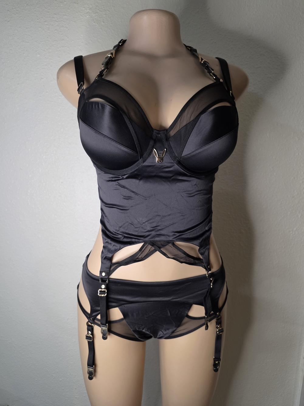 Black Satin & Mesh Garter Bustier Set